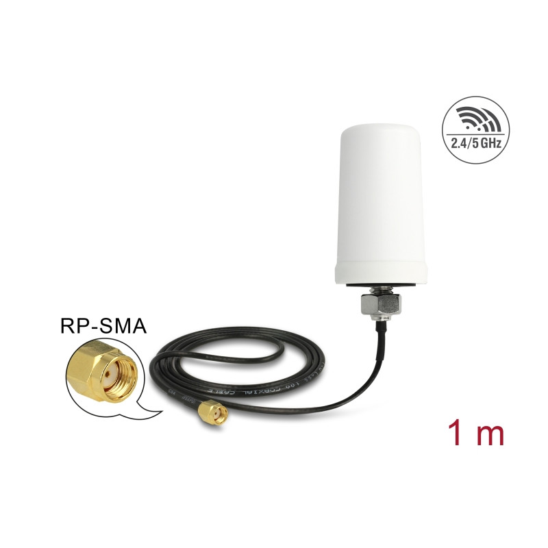 Delock WLAN 802.11 ac/a/h/b/g/n Antenne RP-SMA Stecker 1,4 - 3 dBi omnidirektional mit Anschlusskabel (ULA 100, 1 m) weiß outdoo