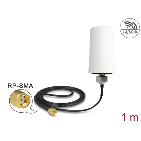 Delock WLAN 802.11 ac/a/h/b/g/n Antenne RP-SMA Stecker 1,4 - 3 dBi omnidirektional mit Anschlusskabel (ULA 100, 1 m) weiß outdoo