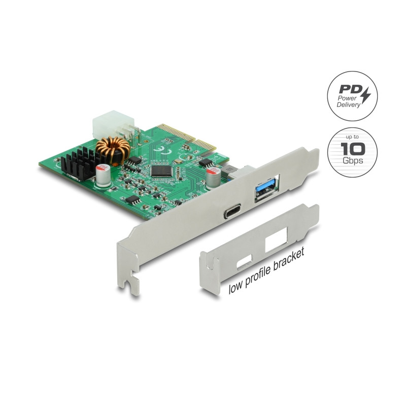 Delock PCI Express x4 Karte zu 1 x extern USB Type-C™ Buchse mit PD Funktion + 1 x extern USB Typ-A Buchse USB 10 Gbps