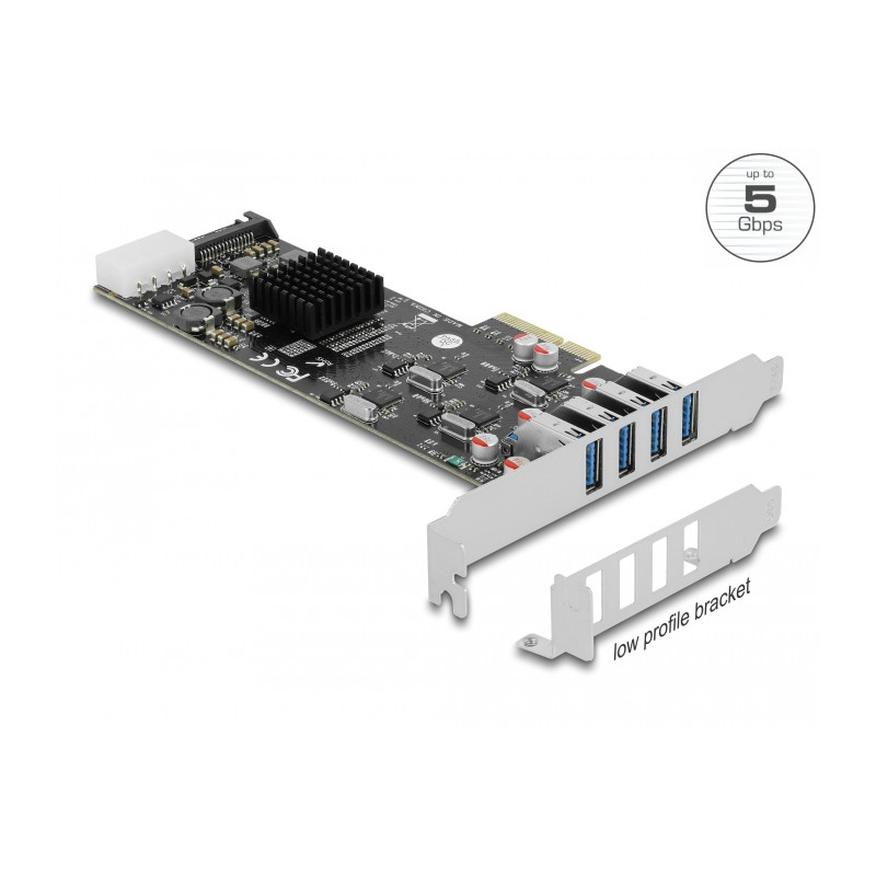 Delock PCI Express x4 Karte zu 4 x extern SuperSpeed USB 5 Gbps (USB 3.2 Gen 1) USB Typ-A Buchse Quad Channel - Low Profile Form