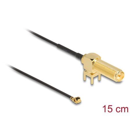 Delock Antennenkabel RP-SMA 90° PCB Buchse zum Einbau zu I-PEX Inc., MHF® I Stecker 1.13 15 cm Gewindelänge 15 mm