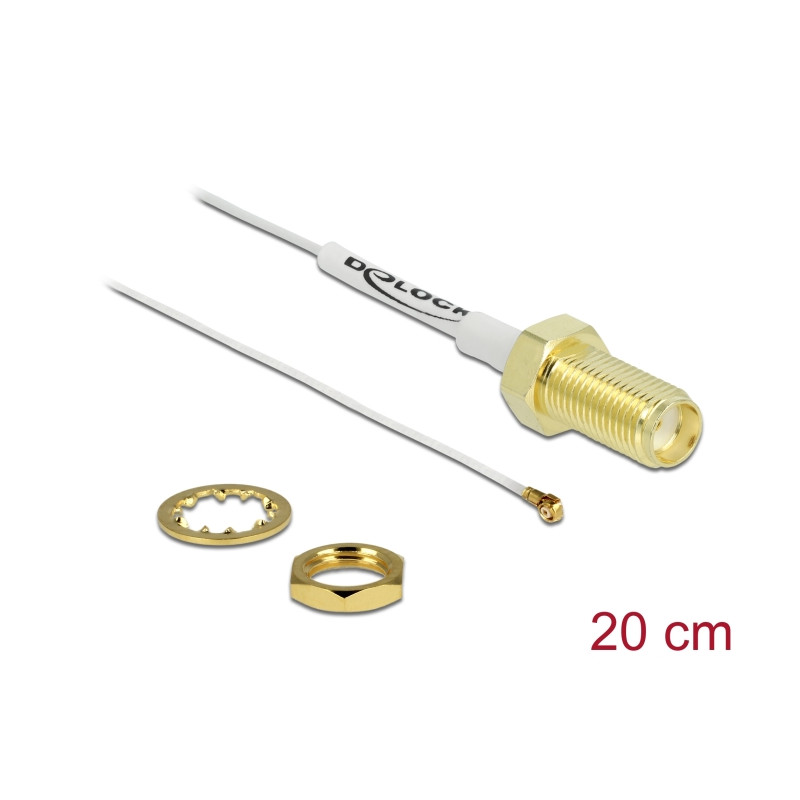 Delock Antennenkabel SMA Buchse zum Einbau zu I-PEX Inc., MHF® 4 Stecker 0.81 20 cm Gewindelänge 10 mm weiß