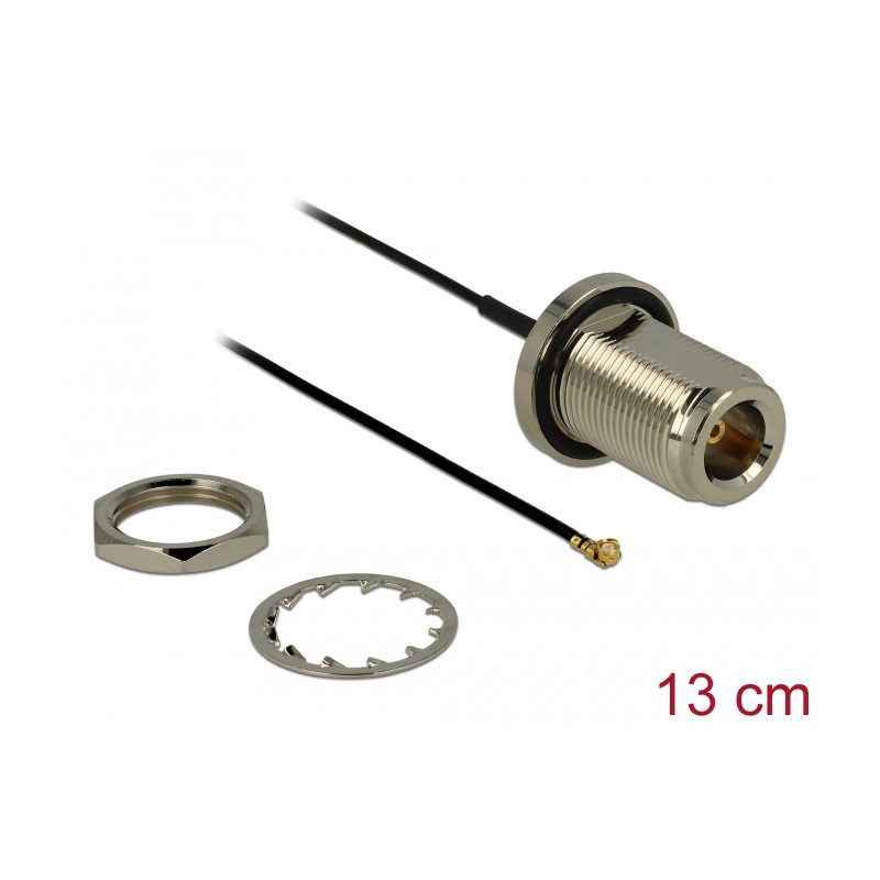 Delock Antennenkabel N Buchse zum Einbau zu I-PEX Inc., MHF® I Stecker 1.37 13 cm Gewindelänge 22 mm spritzwassergeschützt