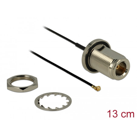 Delock Antennenkabel N Buchse zum Einbau zu I-PEX Inc., MHF® I Stecker 1.37 13 cm Gewindelänge 22 mm spritzwassergeschützt