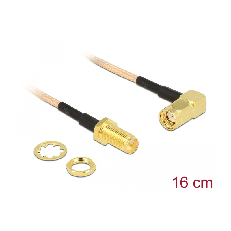 Delock Antennenkabel RP-SMA Stecker 90° - RP-SMA Buchse zum Einbau RG-316 16 cm