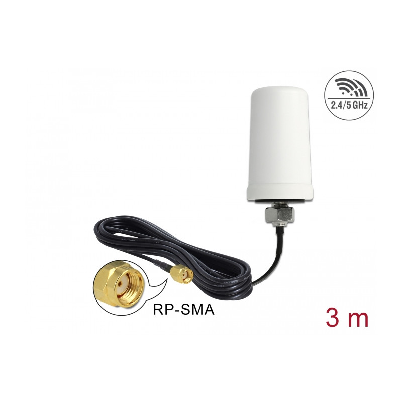 Delock WLAN Antenne RP-SMA 802.11 ac/a/h/b/g/n 0 dBi 3 m ULA100 omnidirektional weiß Outdoor