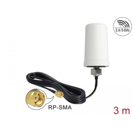 Delock WLAN Antenne RP-SMA 802.11 ac/a/h/b/g/n 0 dBi 3 m ULA100 omnidirektional weiß Outdoor