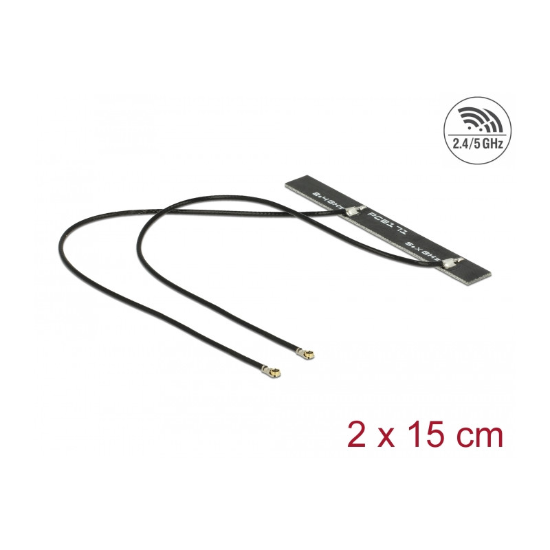 Delock Dualband WLAN WiFi 6 Doppelantenne 2 x I-PEX Inc., MHF® 4L Stecker 5 dBi 2 x 15 cm PCB intern Klebemontage