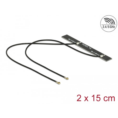 Delock Dualband WLAN WiFi 6 Doppelantenne 2 x I-PEX Inc., MHF® 4L Stecker 5 dBi 2 x 15 cm PCB intern Klebemontage