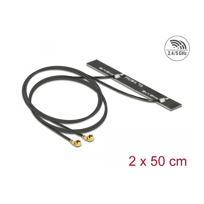 Delock Dualband WLAN WiFi 6 Doppelantenne 2 x I-PEX Inc., MHF® I Stecker 5 dBi 2 x 50 cm PCB intern Klebemontage