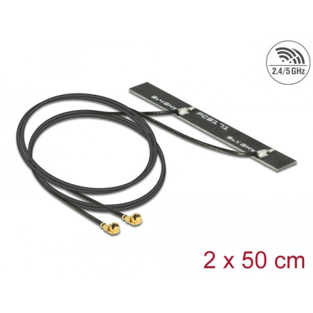 Delock Dualband WLAN WiFi 6 Doppelantenne 2 x I-PEX Inc., MHF® I Stecker 5 dBi 2 x 50 cm PCB intern Klebemontage