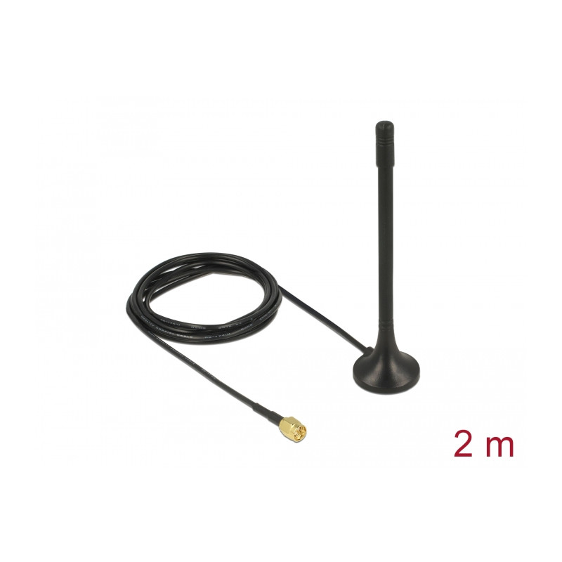 Delock ISM 433 MHz Antenne SMA Stecker 2 dBi omnidirektional mit magnetischem Standfuß und Anschlusskabel (RG-174, 2 m) schwarz