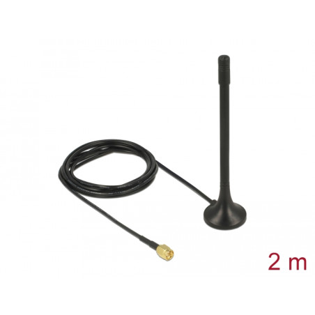 Delock ISM 433 MHz Antenne SMA Stecker 2 dBi omnidirektional mit magnetischem Standfuß und Anschlusskabel (RG-174, 2 m) schwarz