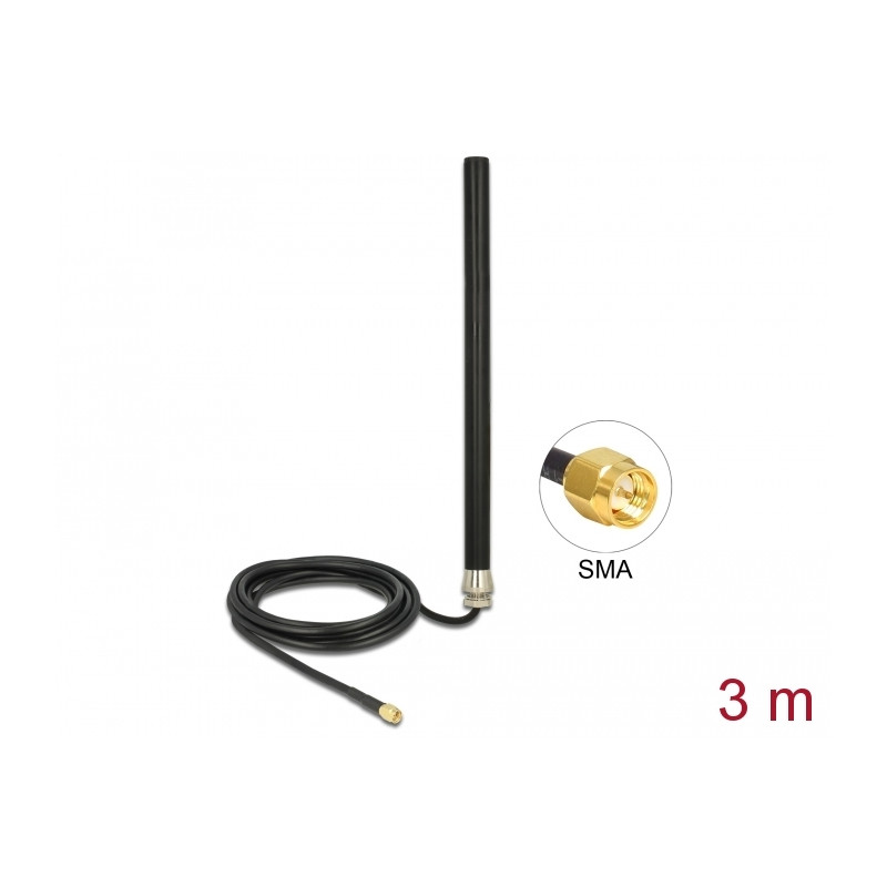 Delock LTE UMTS GSM Antenne SMA Stecker 3 dBi omnidirektional starr mit Anschlusskabel RG-58, 3 m Wandmontage outdoor schwarz
