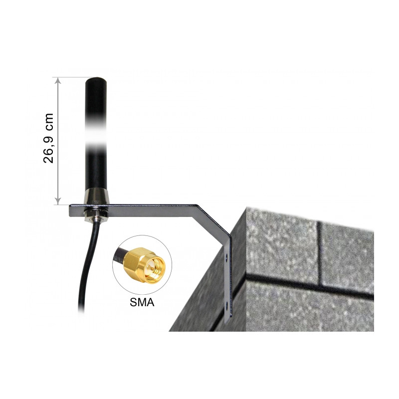 Delock LTE UMTS GSM Antenne SMA Stecker 3 dBi omnidirektional starr mit Anschlusskabel RG-58, 3 m Wandmontage outdoor schwarz