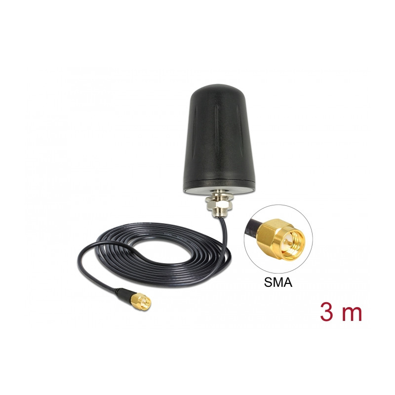 Delock LoRa Antenne 868 MHz SMA Stecker 0 dBi starr omnidirektional mit Anschlusskabel RG-174 3 m Dachmontage outdoor schwarz