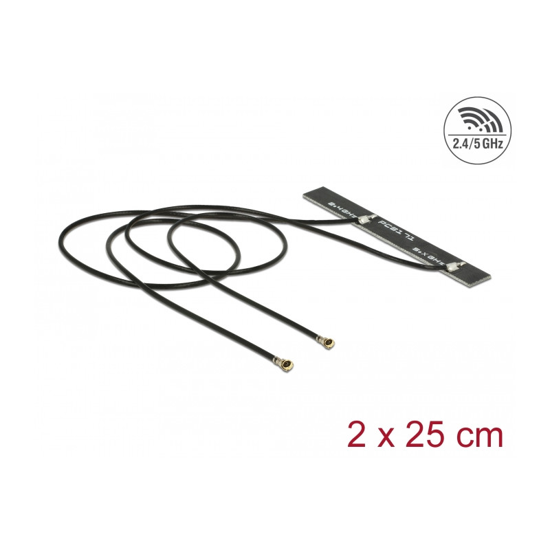 Delock Dualband WLAN WiFi 6 Doppelantenne 2 x I-PEX Inc., MHF® 4L Stecker 5 dBi 2 x 25 cm PCB intern Klebemontage