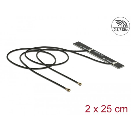 Delock Dualband WLAN WiFi 6 Doppelantenne 2 x I-PEX Inc., MHF® 4L Stecker 5 dBi 2 x 25 cm PCB intern Klebemontage