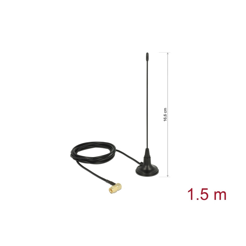 Delock 480 MHz Antenne SMA Stecker 90° 2,5 dBi starr omnidirektional mit magnetischem Standfuß und Anschlusskabel RG-174 1,5 m o