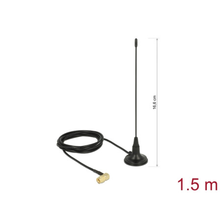Delock 480 MHz Antenne SMA Stecker 90° 2,5 dBi starr omnidirektional mit magnetischem Standfuß und Anschlusskabel RG-174 1,5 m o