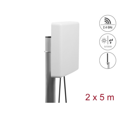 Delock LTE MIMO Antenne 2 x SMA Stecker 8 dBi direktional mit Anschlusskabel RG-58 5 m weiß outdoor