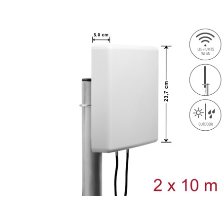 Delock LTE MIMO Antenne 2 x SMA Stecker 8 dBi direktional mit Anschlusskabel RG-58 10 m weiß outdoor