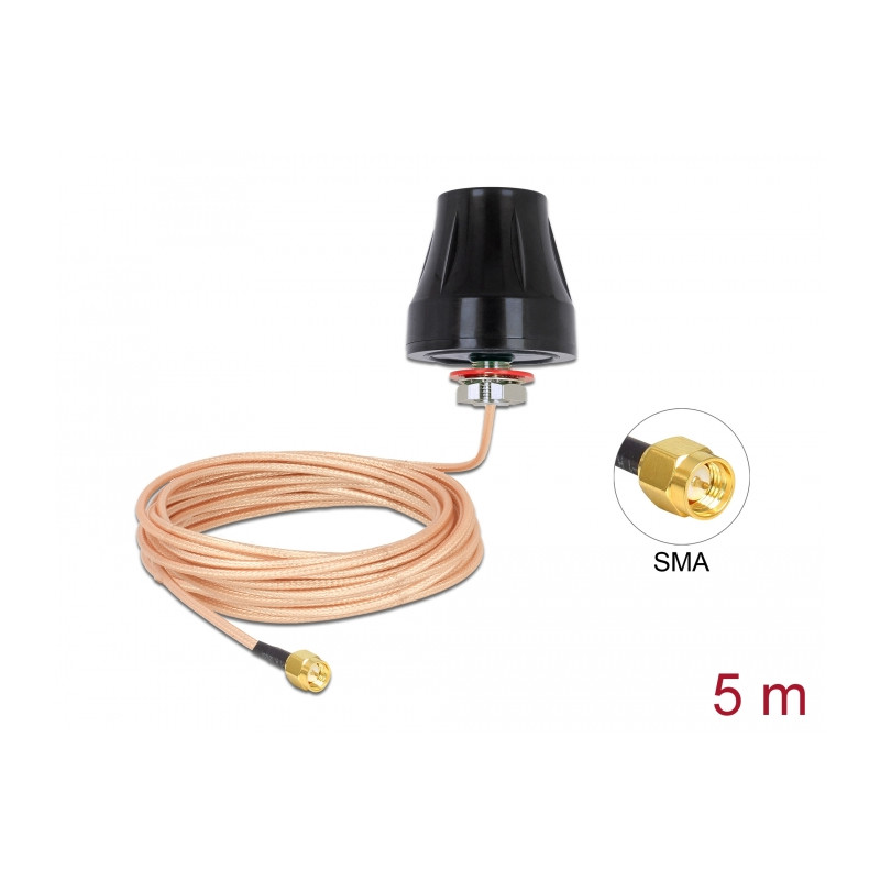 Delock LTE Antenne SMA Stecker 2 dBi starr omnidirektional mit Anschlusskabel (RG-316U 5 m) outdoor schwarz