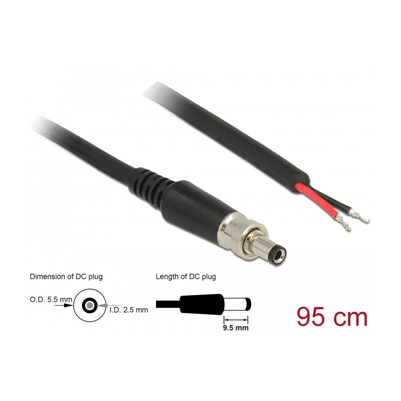 Delock Stromversorgungskabel DC 5,5 x 2,5 x 9,5 mm verschraubbar zu offenen Kabelenden 95 cm