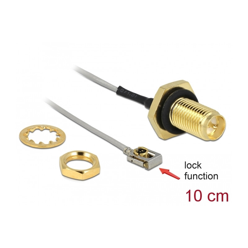Delock Antennenkabel RP-SMA Buchse zum Einbau zu I-PEX Inc., MHF® I LK Stecker 1.13 10 cm Gewindelänge 10 mm spritzwassergeschüt