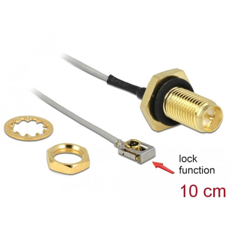 Delock Antennenkabel RP-SMA Buchse zum Einbau zu I-PEX Inc., MHF® I LK Stecker 1.13 10 cm Gewindelänge 10 mm spritzwassergeschüt