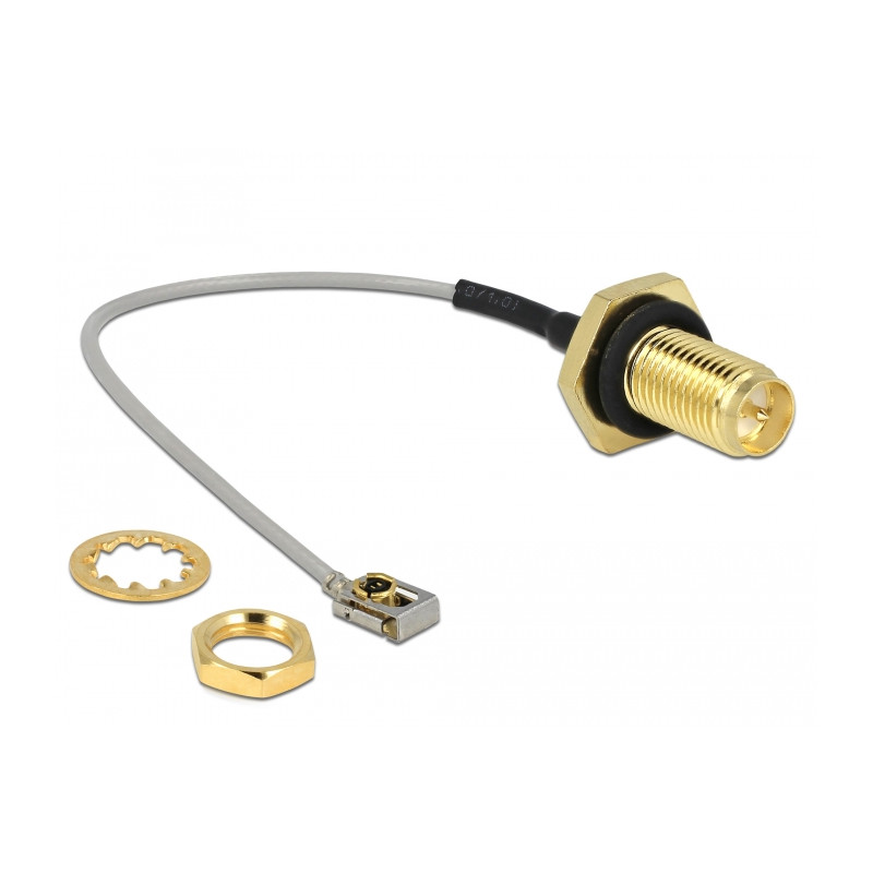 Delock Antennenkabel RP-SMA Buchse zum Einbau zu I-PEX Inc., MHF® I LK Stecker 1.13 10 cm Gewindelänge 10 mm spritzwassergeschüt
