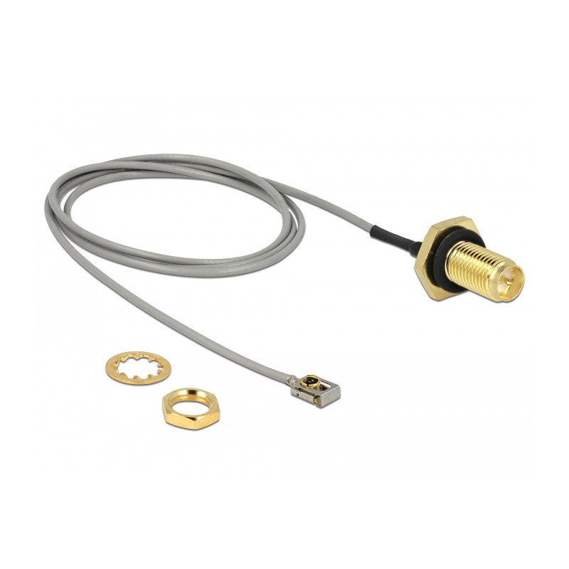 Delock Antennenkabel RP-SMA Buchse zum Einbau zu I-PEX Inc., MHF® I LK Stecker 1.13 50 cm Gewindelänge 10 mm spritzwassergeschüt