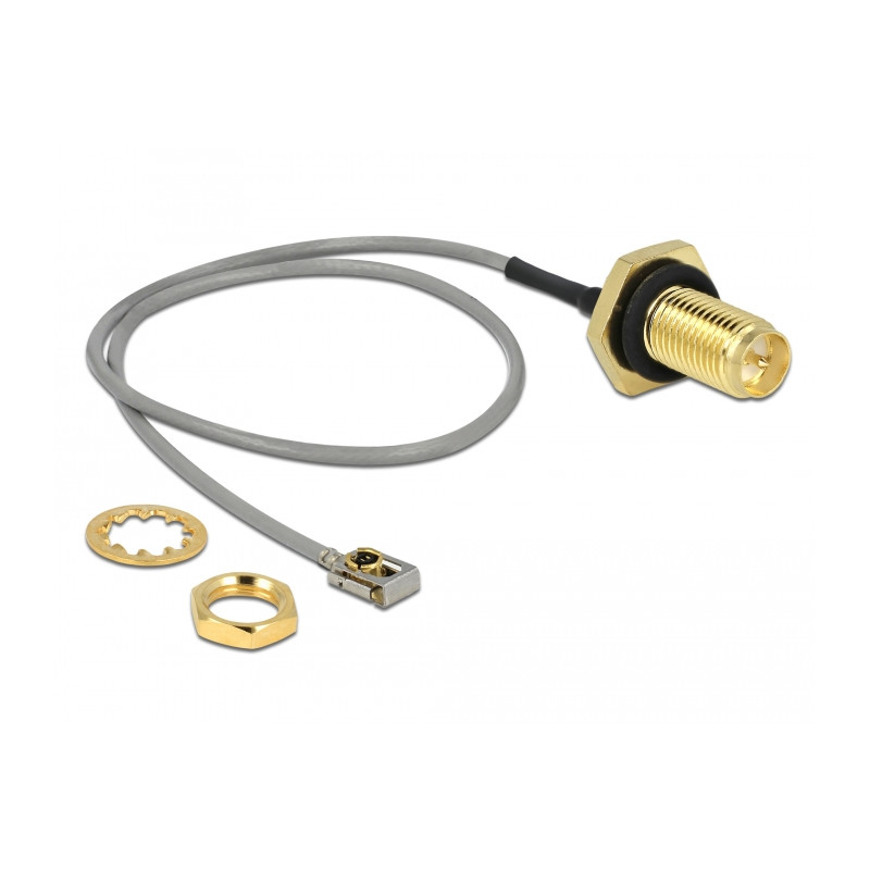 Delock Antennenkabel RP-SMA Buchse zum Einbau zu I-PEX Inc., MHF® I LK Stecker 1.13 20 cm Gewindelänge 10 mm spritzwassergeschüt