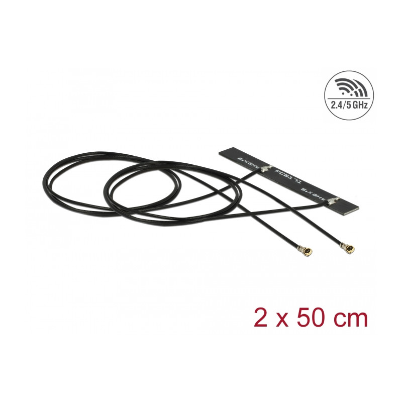 Delock Dualband WLAN WiFi 6 Doppelantenne 2 x I-PEX Inc., MHF® 4L Stecker 3 - 5 dBi 1.13 2 x 50 cm PCB intern Klebemontage