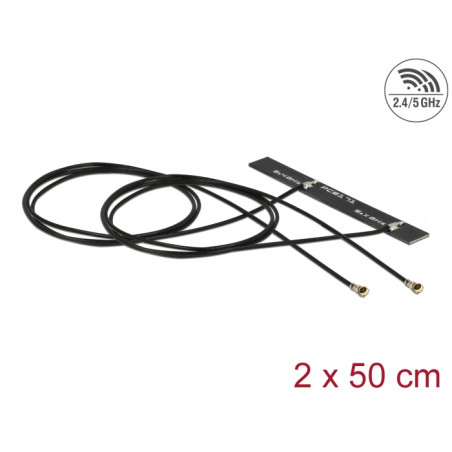 Delock Dualband WLAN WiFi 6 Doppelantenne 2 x I-PEX Inc., MHF® 4L Stecker 3 - 5 dBi 1.13 2 x 50 cm PCB intern Klebemontage