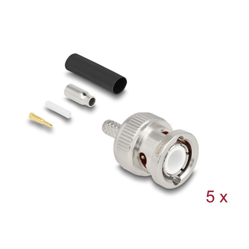 Delock BNC Stecker 50 Ohm zum Crimpen RG-174 / RG-316 mit passendem Schrumpfschlauch - 5 Stück