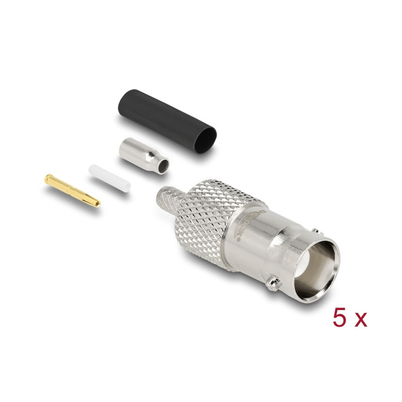 Delock BNC Buchse 50 Ohm zum Crimpen RG-174 / RG-316 mit passendem Schrumpfschlauch - 5 Stück