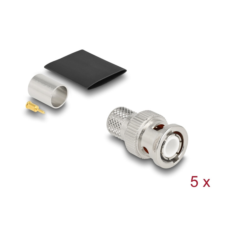 Delock BNC Stecker 50 Ohm zum Crimpen LMR 400 mit passendem Schrumpfschlauch - 5 Stück