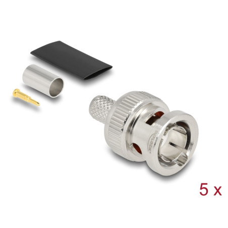 Delock BNC Stecker 75 Ohm zum Crimpen RG59 mit passendem Schrumpfschlauch - 5 Stück