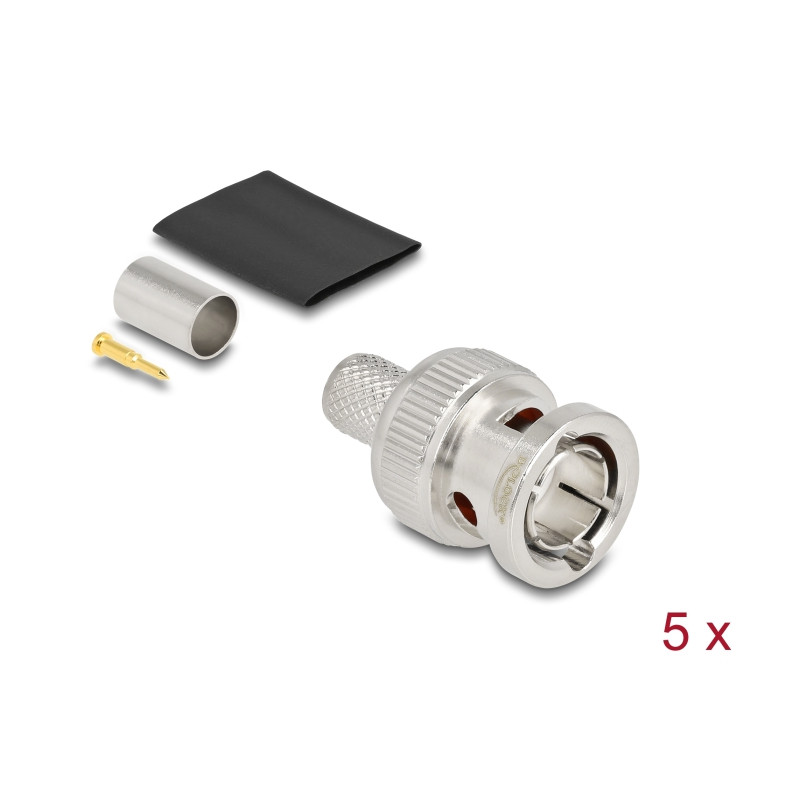 Delock BNC Stecker 75 Ohm zum Crimpen RG6 mit passendem Schrumpfschlauch - 5 Stück
