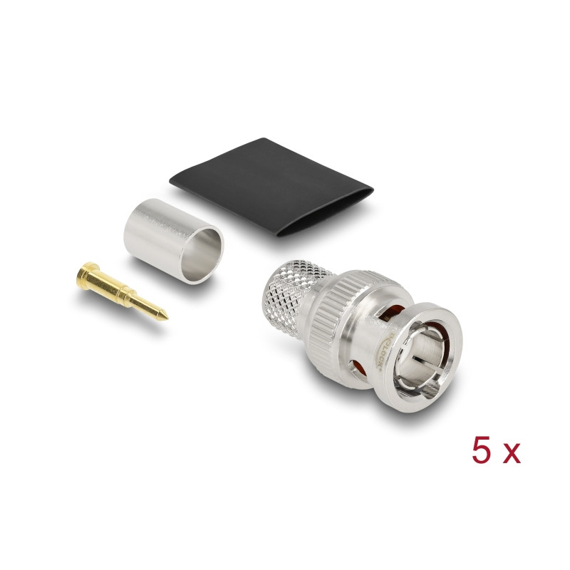 Delock BNC Stecker 75 Ohm zum Crimpen RG-11 mit passendem Schrumpfschlauch - 5 Stück