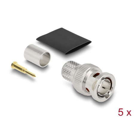 Delock BNC Stecker 75 Ohm zum Crimpen RG-11 mit passendem Schrumpfschlauch - 5 Stück