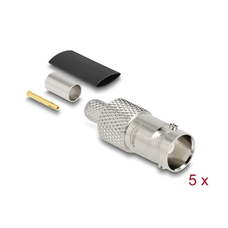 Delock BNC Buchse 75 Ohm zum Crimpen RG-59 mit passendem Schrumpfschlauch - 5 Stück