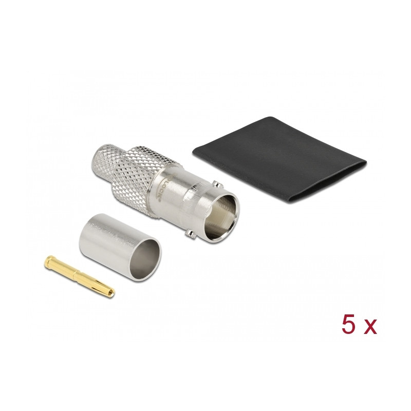 Delock BNC Buchse 75 Ohm zum Crimpen RG-6 mit passendem Schrumpfschlauch - 5 Stück