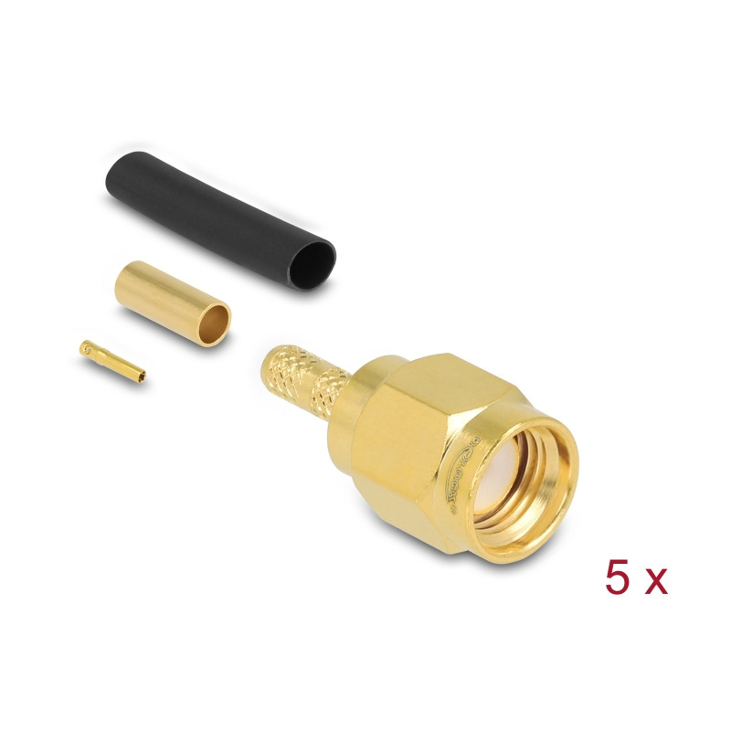 Delock RP-SMA Stecker zum Crimpen RG-174 / RG-316 mit passendem Schrumpfschlauch - 5 Stück