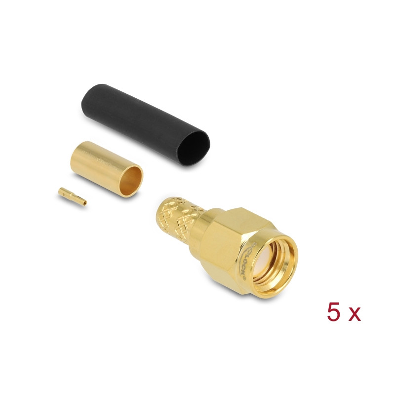Delock RP-SMA Stecker zum Crimpen LMR200 mit passendem Schrumpfschlauch - 5 Stück