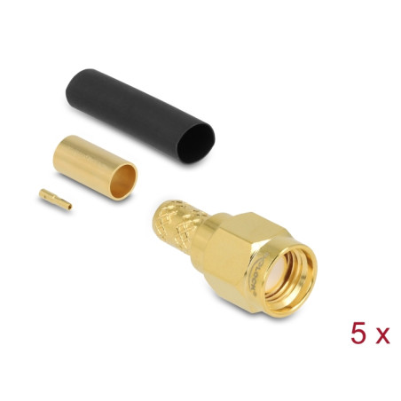 Delock RP-SMA Stecker zum Crimpen LMR200 mit passendem Schrumpfschlauch - 5 Stück