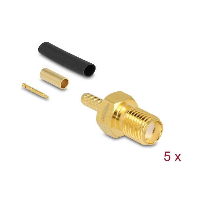 Delock RP-SMA Buchse zum Crimpen RG-174 / RG-316 mit passendem Schrumpfschlauch - 5 Stück