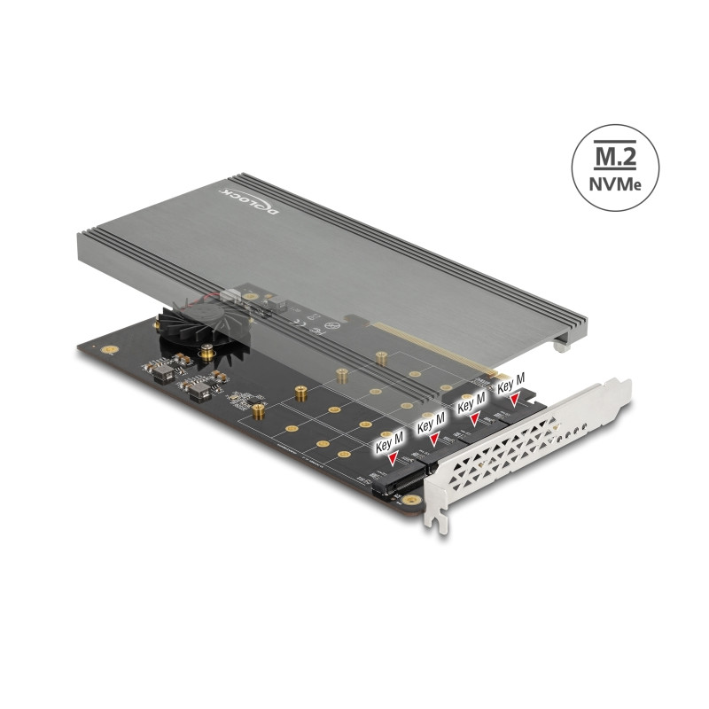 Delock PCI Express x16 Karte zu 4 x intern NVMe M.2 Key M mit Kühlkörper und Lüfter - Bifurcation