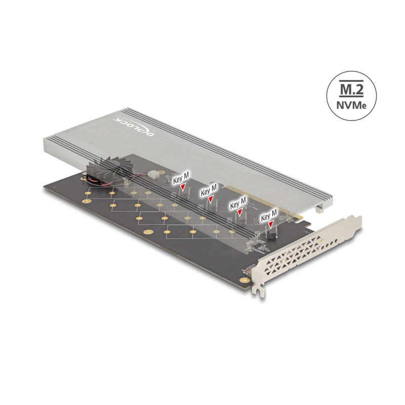 Delock PCI Express 4.0 x16 Karte zu 4 x intern NVMe M.2 Key M mit Kühlkörper und Lüfter - Bifurcation